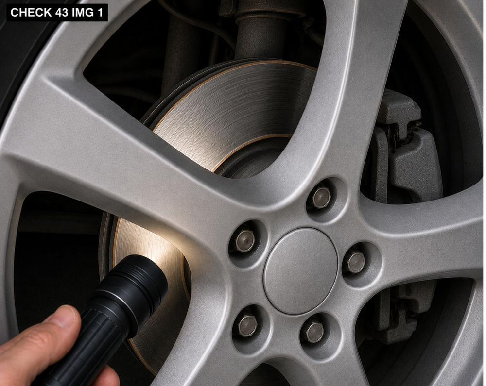 Inspecting brake disc condition and wear, one of the items tested for a roadworthy certificate