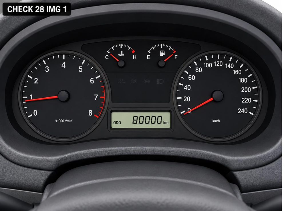 Digital instrument cluster showing an odometer reading, compared against a service book entry