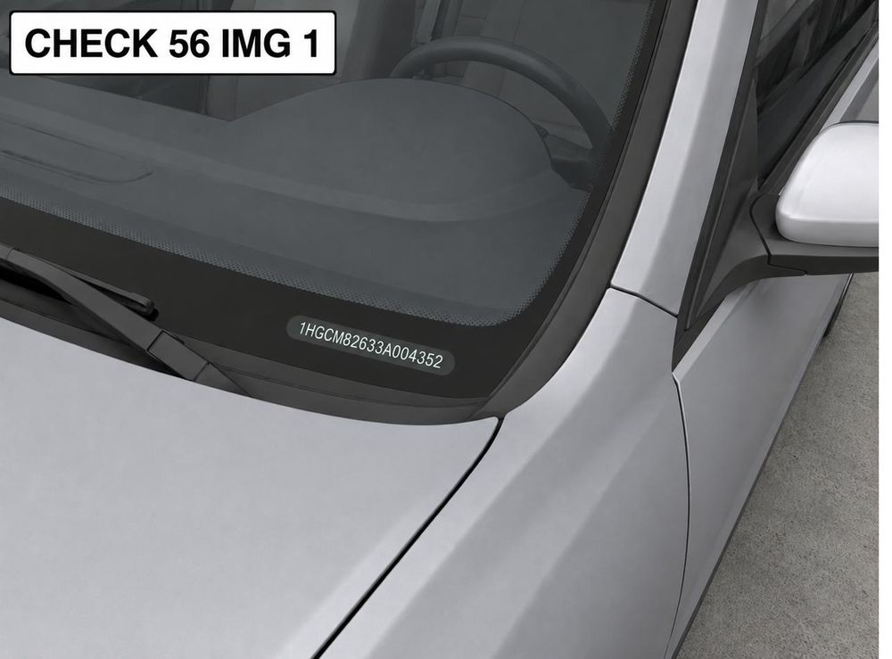 Close-up of a VIN plate being checked against the dashboard and door-frame VIN stampings